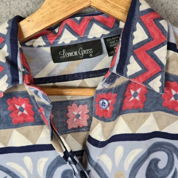 Lemon Grass Boho Button Front Blouse Shirt M Vintage Rayon Bold Abstract Print - Picture 3 of 11